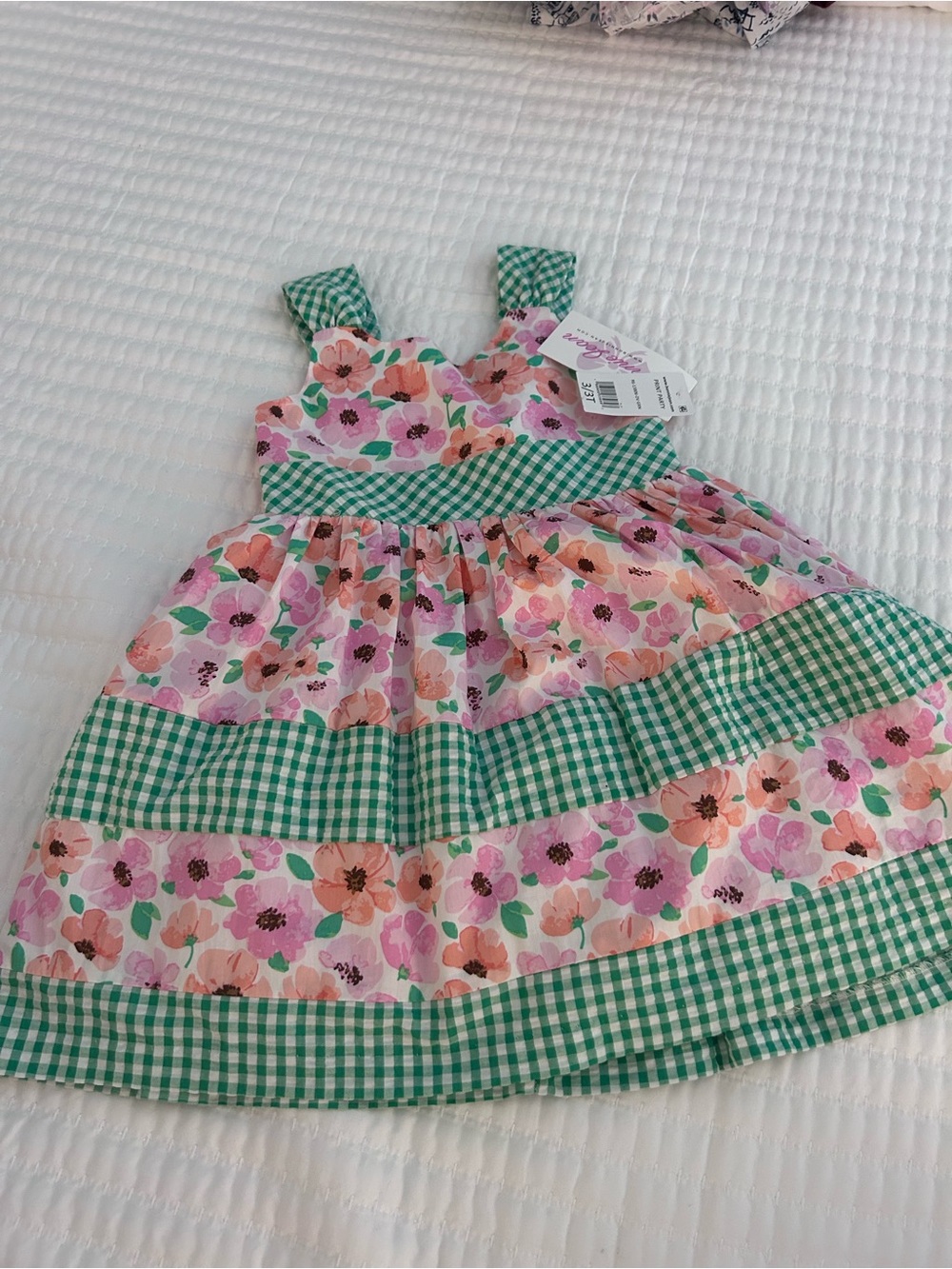 Bonnie Jean Pink Floral Dress with Green Gingham Accents. Size3T. NWT